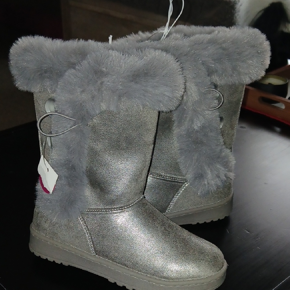 Grey Sparkle Faux Fur Lined Boots Girls